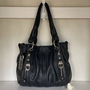 B. Makowsky Black Leather Shoulder Bag with Silver Accents